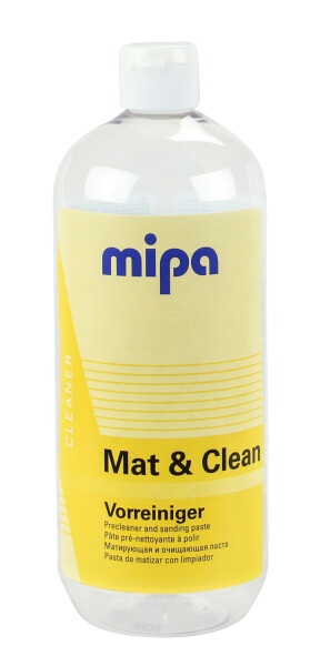 Mipa Vorreiniger Mat & Clean ist eine Profi-Schleifpaste für Beilackierungen, die in einem Arbeitsgang von Wachs, Fetten und Silikon reinigt und mattiert. Chemische und mechanische Reinigung in einem Arbeitsgang. Völlig gleichmäßige Mattierung ohn" 1 kg